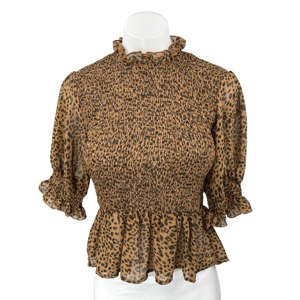 Shop Neighbor Brown Leopard Animal Print Short Sleeve Peplum Blouse Top Size S